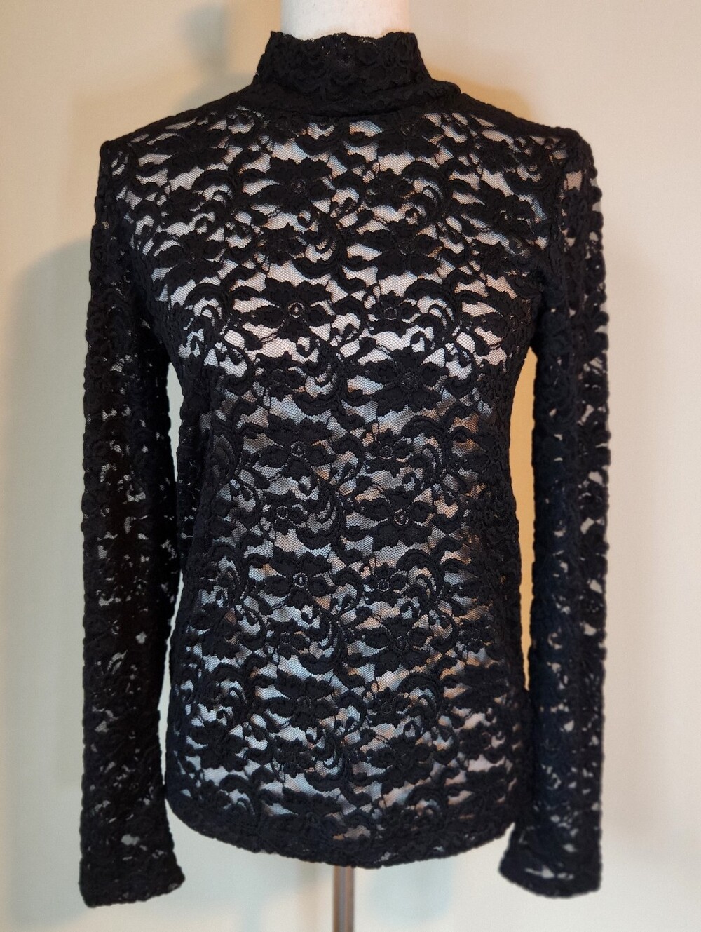LOFT Black Floral Lace Mock Neck Long Sleeve Top Blouse Small